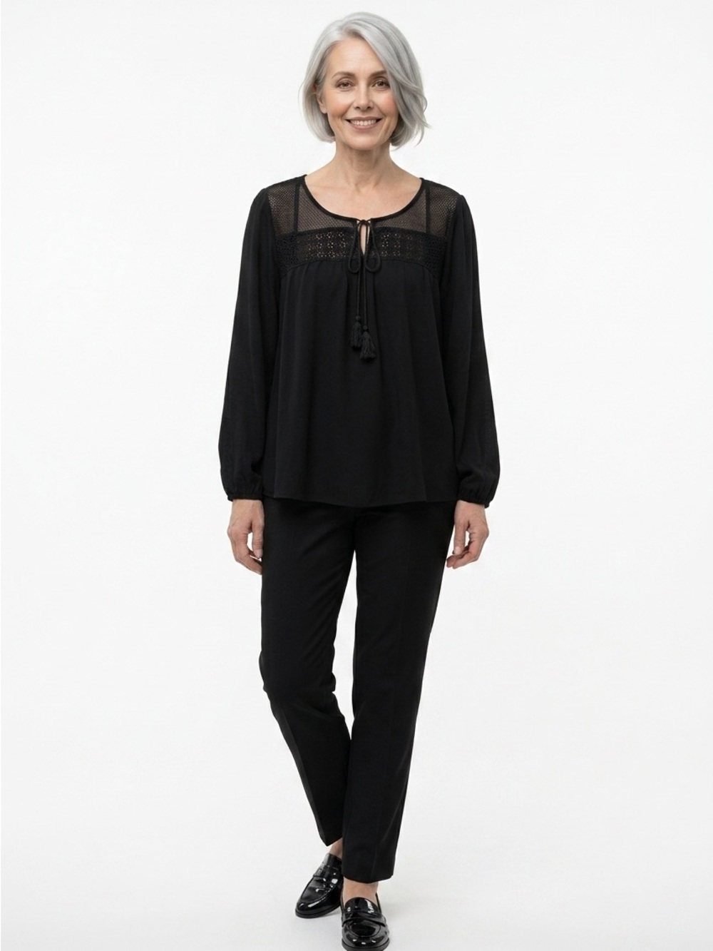 Zenobia Women’s Sz 2XL Black Blouse Balloon Sleeve Tie V-Neck Crochet Lace